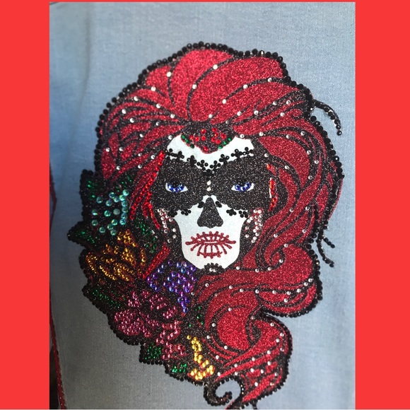 Sugar Skull & Flowers Crystal Denim Jacket - Picture 4 of 8
